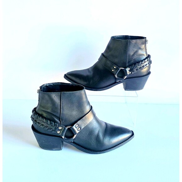 BRUSQUE Women's Black Leather Ankle Boots Pointed Toe Sz 35 7.5 Heeled Booties - Picture 3 of 14